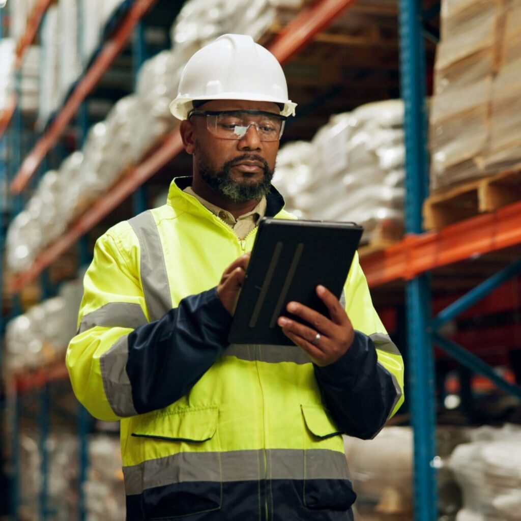 Warehouse worker in a hard hat and hi-vis jacket reviewing stock on a tablet beside tall pallet racking
